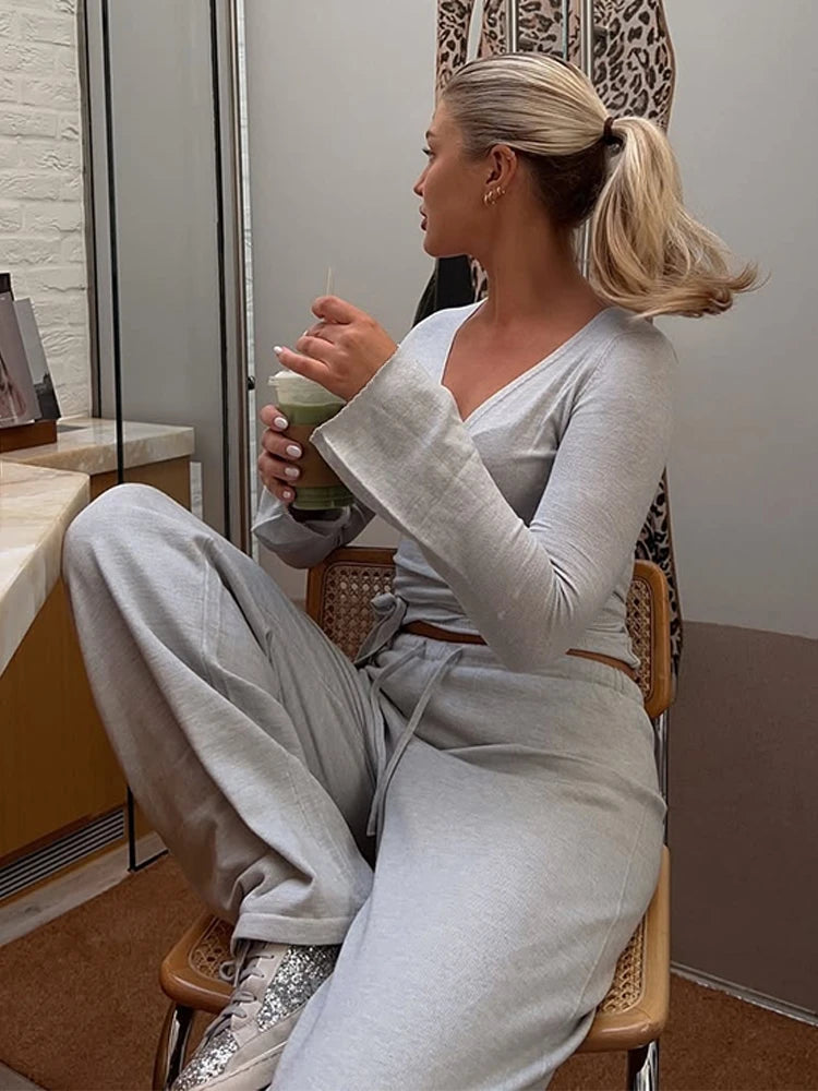 Absobe Autumn/Winter 2-Piece Set – Flare Sleeve Crop Cardigan & Loose Pants for Women