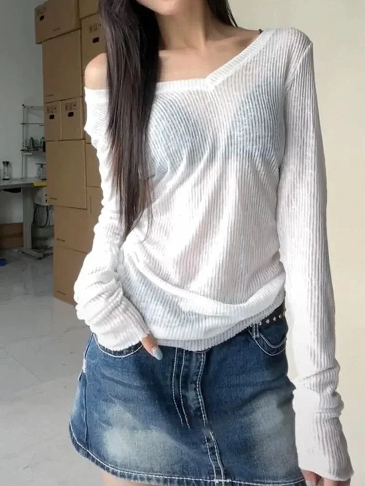 SheerFit Slim Long Sleeve Tee – Y2K Transparent Basic Top for Women