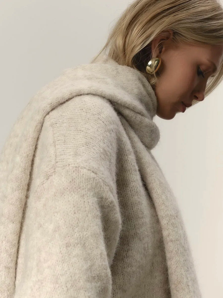 Hirsionsan 2025 Women’s V-Neck Knitted Sweater & Scarf – Soft Loose Winter Pullover