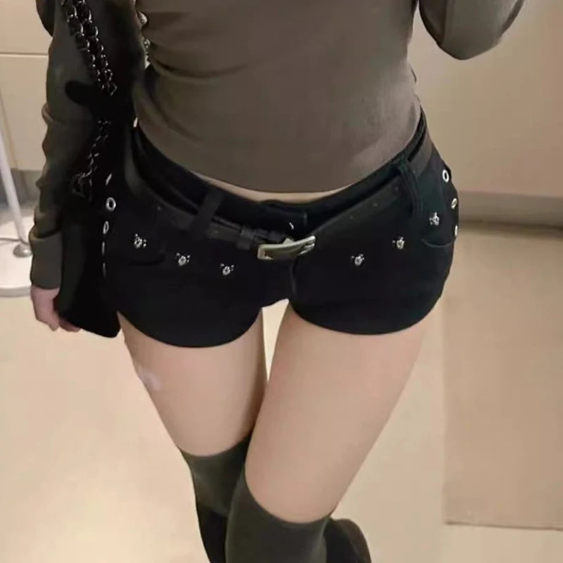 RebelEdge Black Belted High Waist Mini Shorts