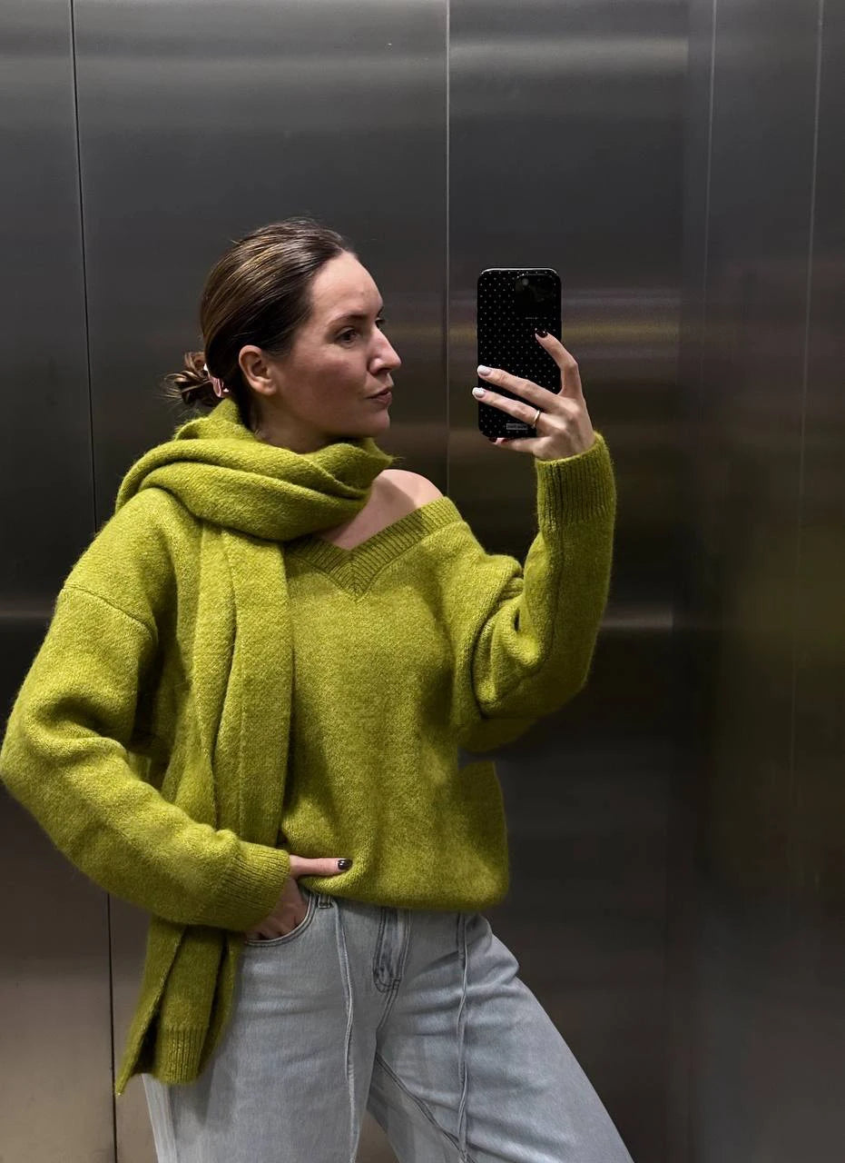 Hirsionsan 2025 Women’s V-Neck Knitted Sweater & Scarf – Soft Loose Winter Pullover