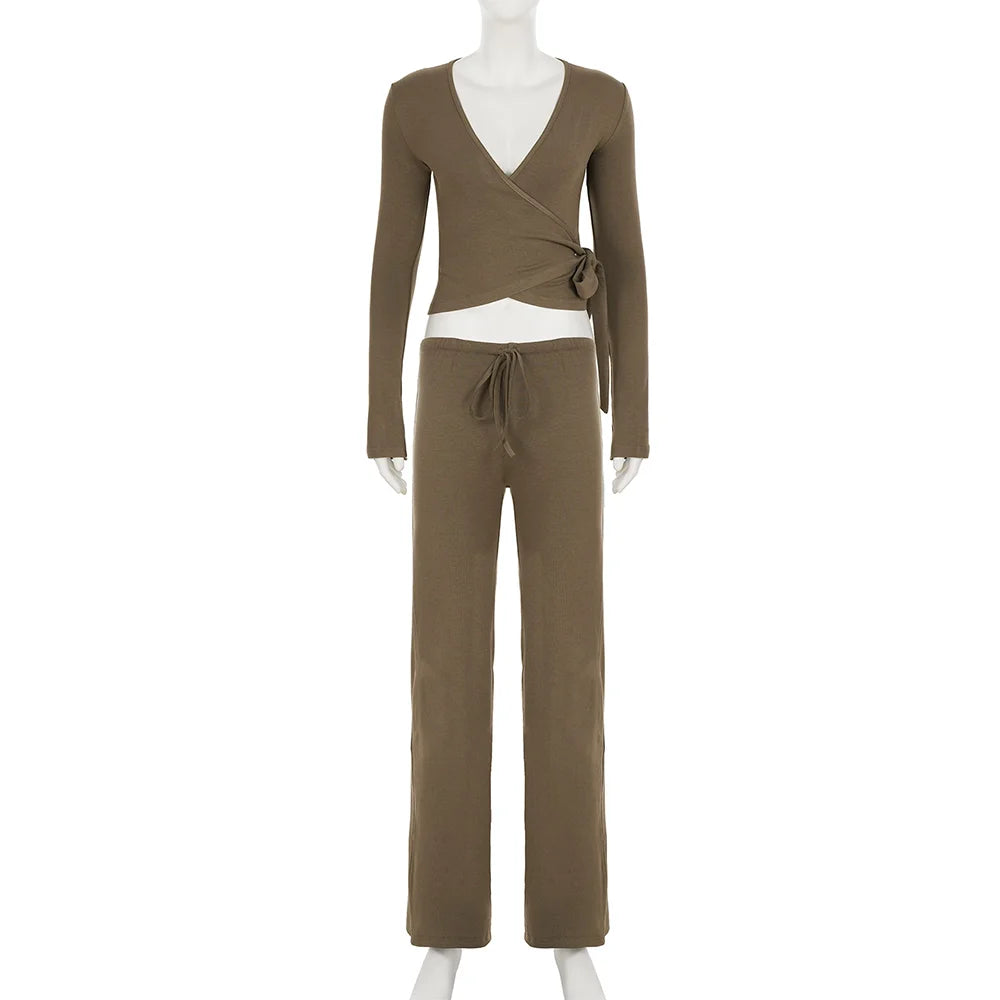 Absobe Autumn/Winter 2-Piece Set – Flare Sleeve Crop Cardigan & Loose Pants for Women