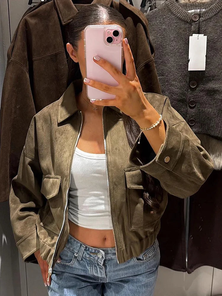 HH Woman Winter Elegant Jacket – Turn-Down Collar, Long Sleeve Suede Texture Loose Coat