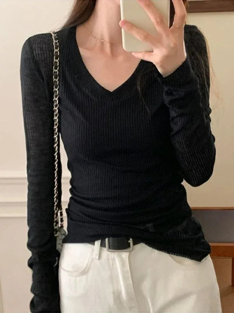 SheerFit Slim Long Sleeve Tee – Y2K Transparent Basic Top for Women