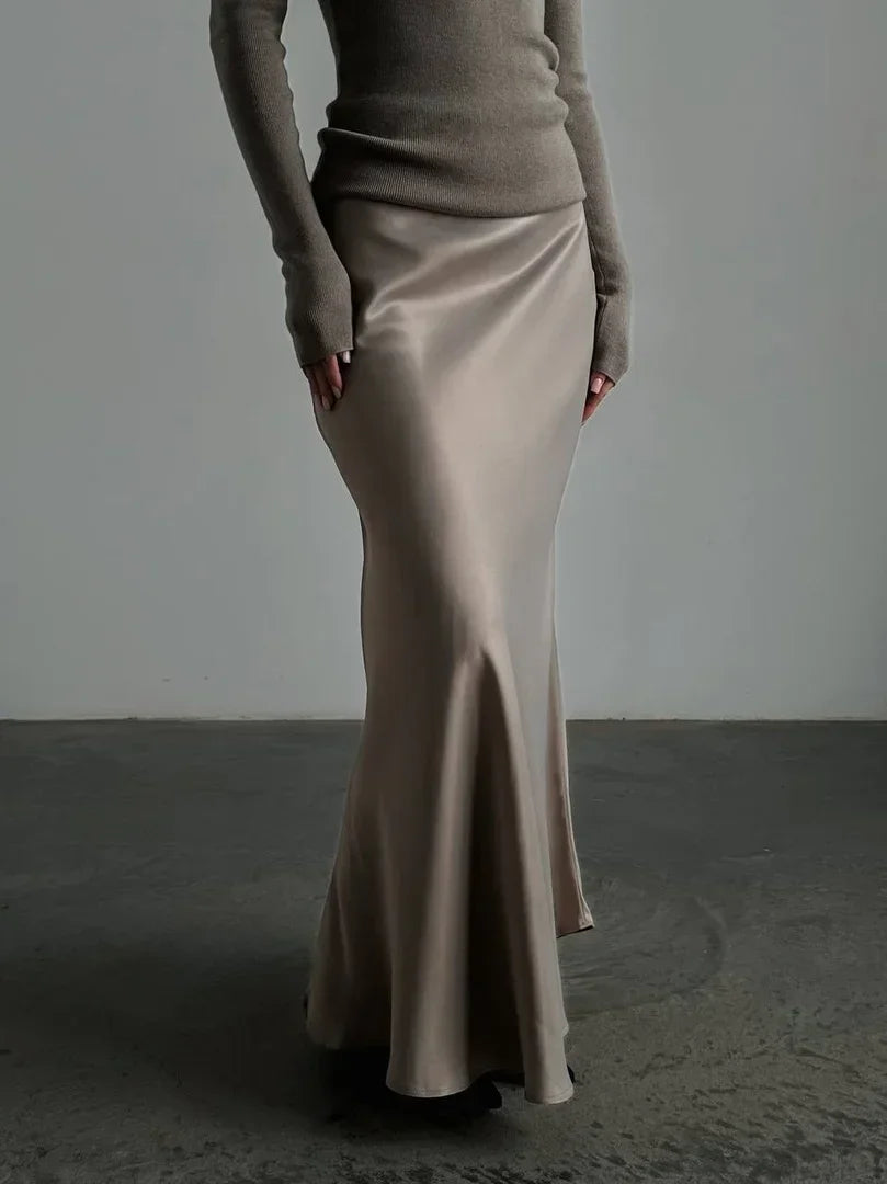 Bornladies Satin Fishtail Maxi Skirt – Elegant High Waist Silk Skirt
