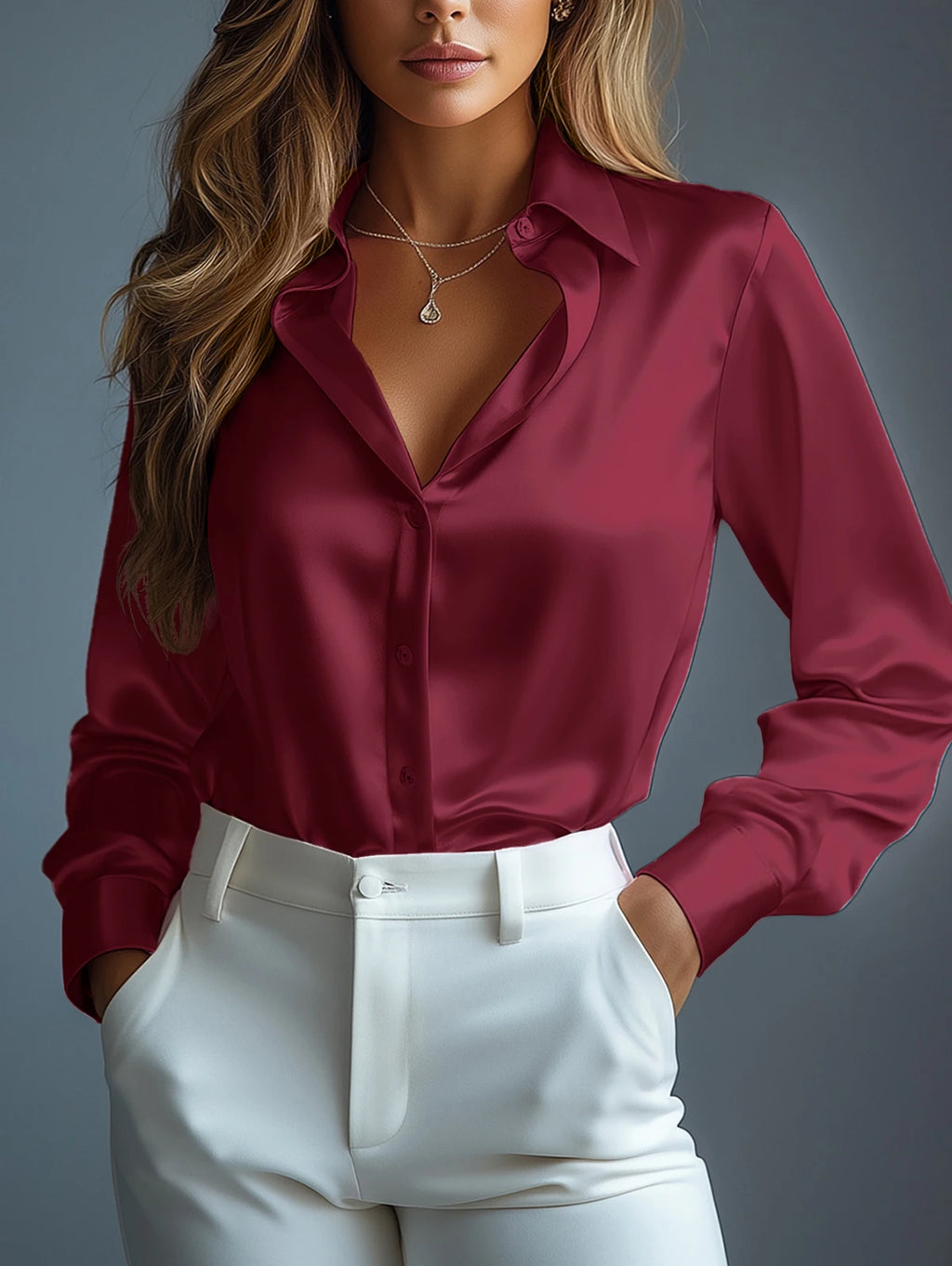 LuxeSatin Long Sleeve Blouse – Elegant Office Button-Up Top for Women
