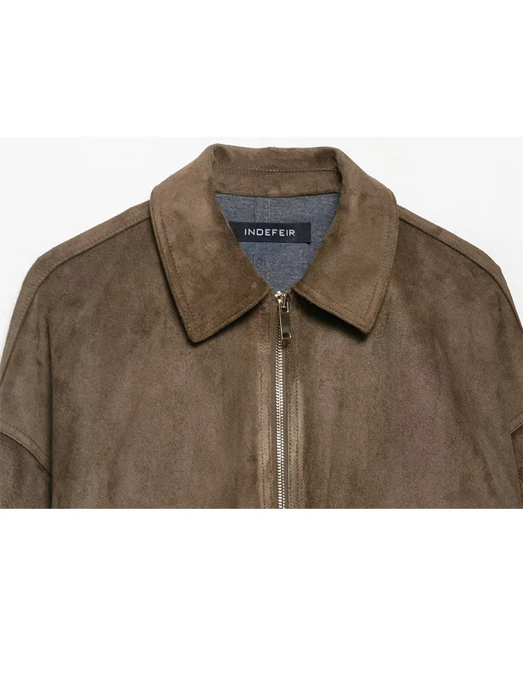 HH Woman Winter Elegant Jacket – Turn-Down Collar, Long Sleeve Suede Texture Loose Coat