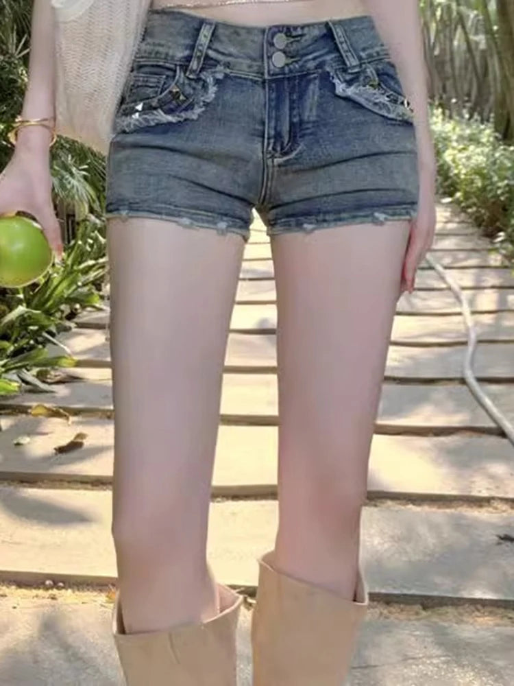 K-Retro Y2K Low Waist Denim Shorts – Vintage Blue Hip Wrap Jeans