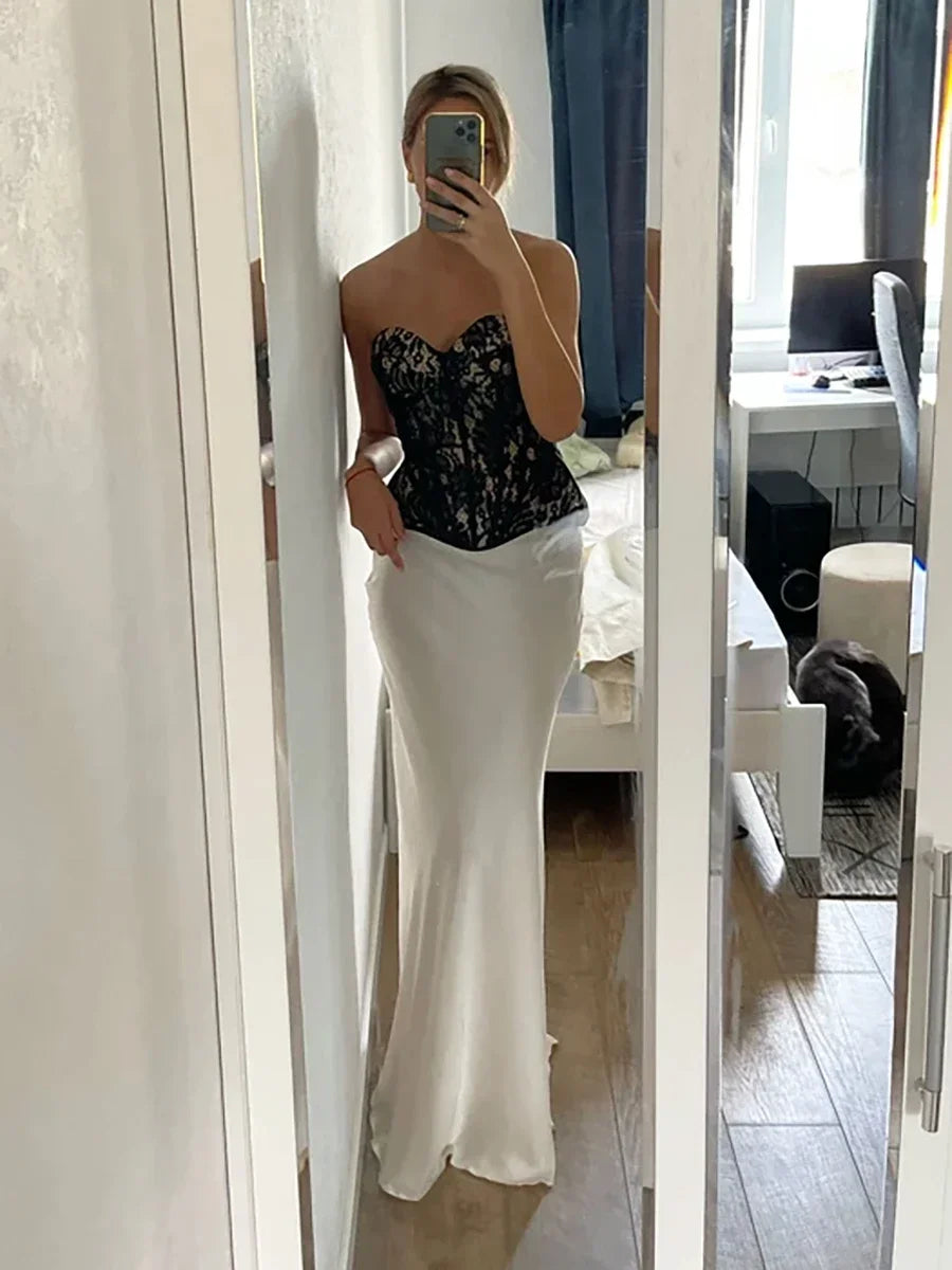 Bornladies Satin Fishtail Maxi Skirt – Elegant High Waist Silk Skirt