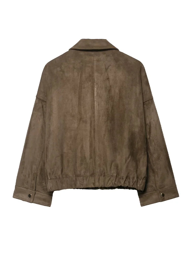 HH Woman Winter Elegant Jacket – Turn-Down Collar, Long Sleeve Suede Texture Loose Coat