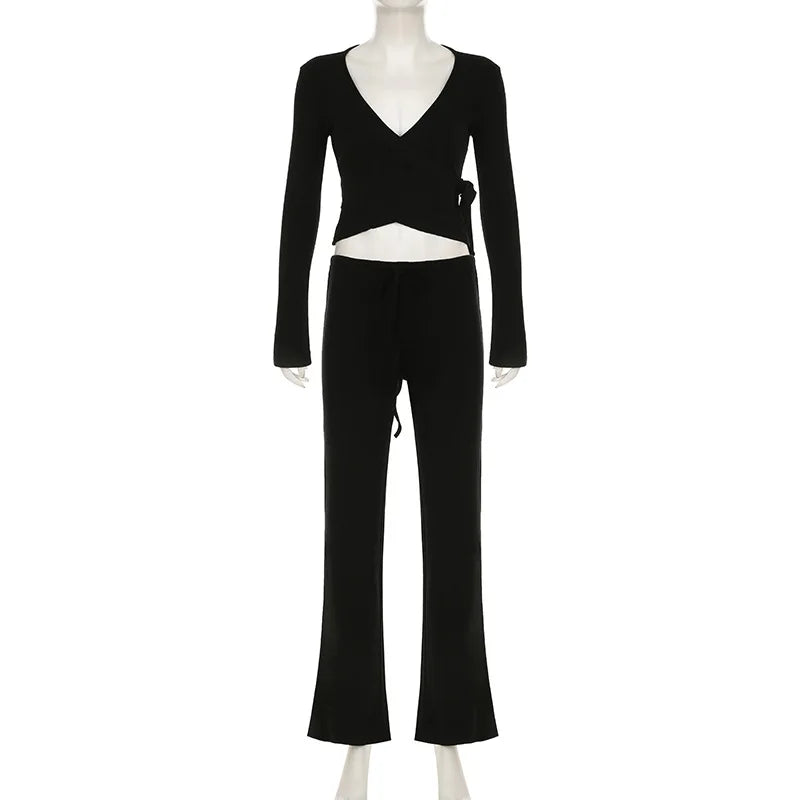 Absobe Autumn/Winter 2-Piece Set – Flare Sleeve Crop Cardigan & Loose Pants for Women