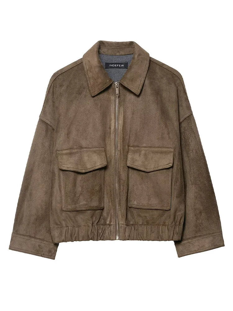 HH Woman Winter Elegant Jacket – Turn-Down Collar, Long Sleeve Suede Texture Loose Coat