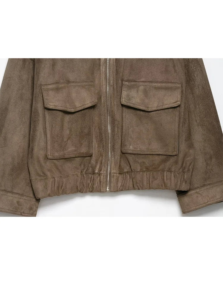 HH Woman Winter Elegant Jacket – Turn-Down Collar, Long Sleeve Suede Texture Loose Coat