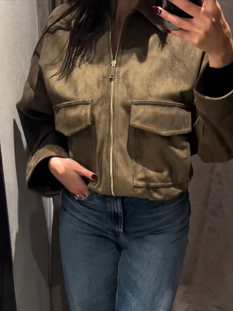 HH Woman Winter Elegant Jacket – Turn-Down Collar, Long Sleeve Suede Texture Loose Coat