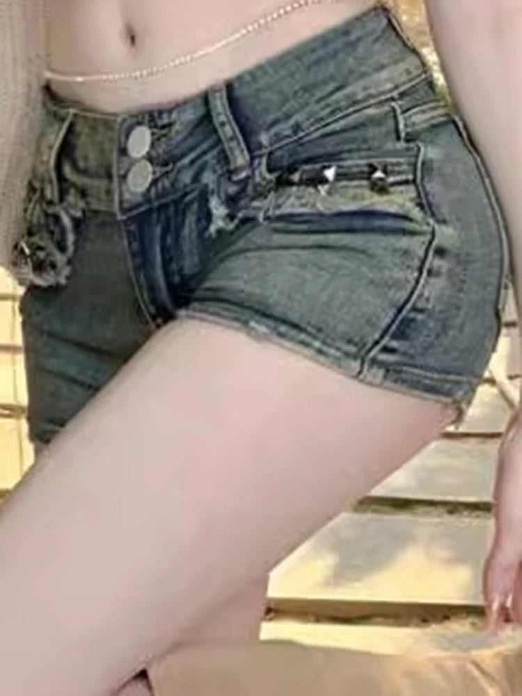 K-Retro Y2K Low Waist Denim Shorts – Vintage Blue Hip Wrap Jeans