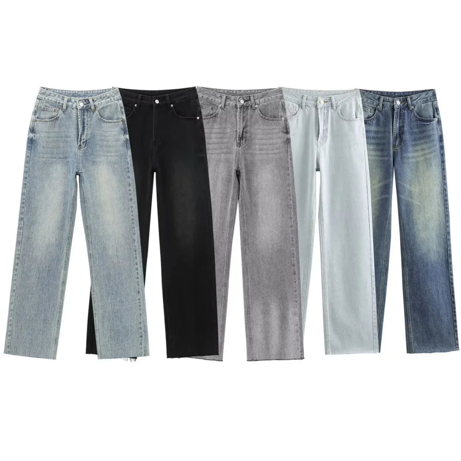 KONDALA 5-Color High Waist Straight Wide Denim Pants