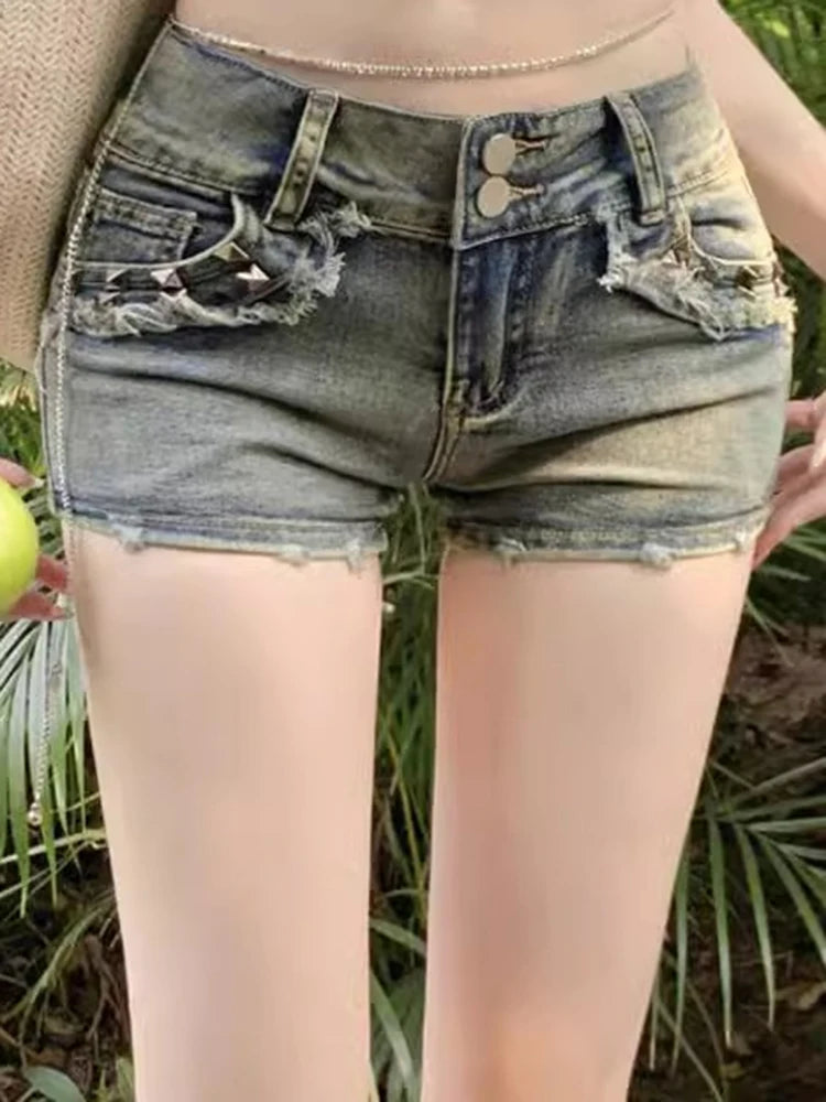 K-Retro Y2K Low Waist Denim Shorts – Vintage Blue Hip Wrap Jeans